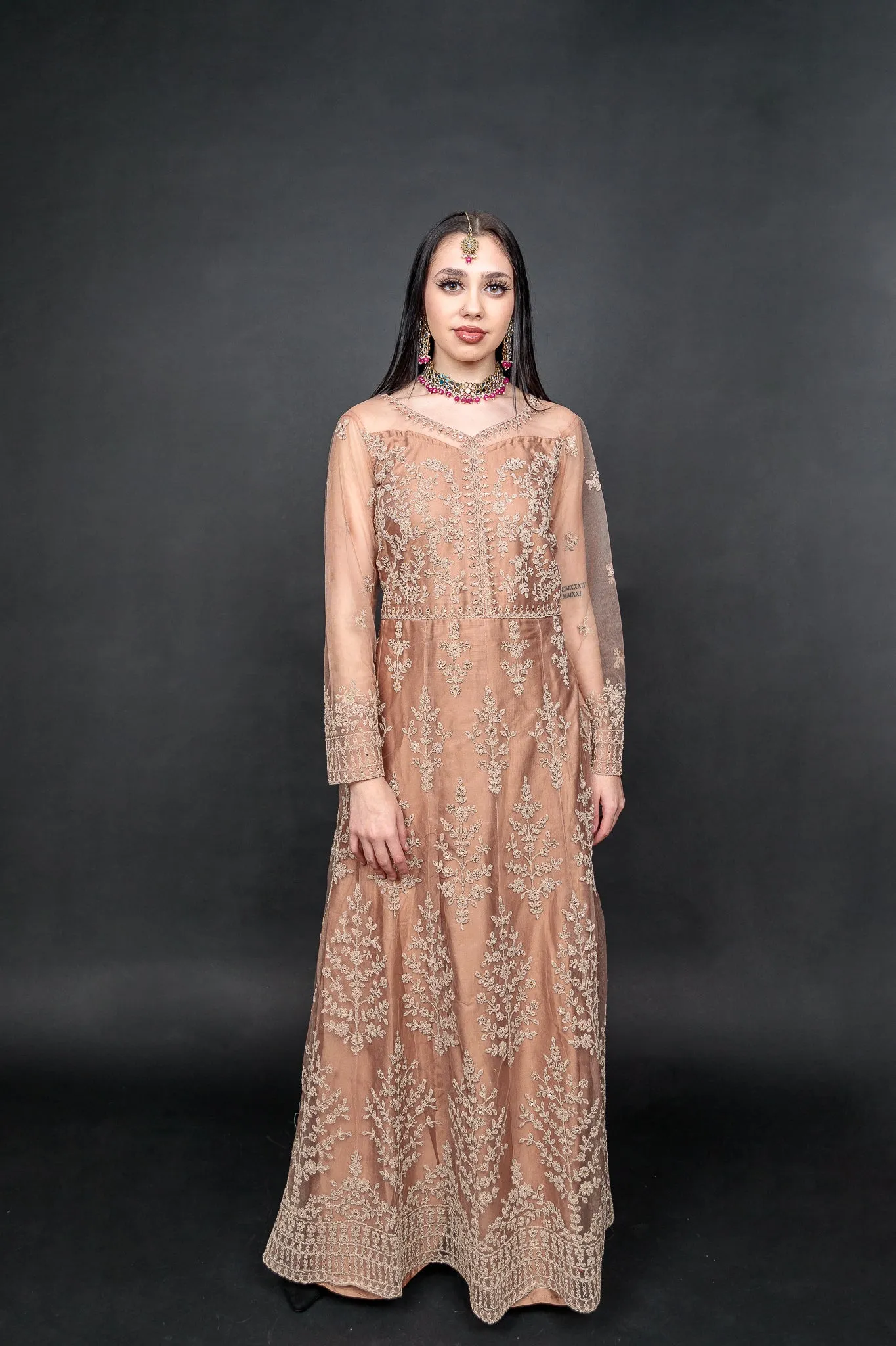 Silk Georgette Net Light Caramel  Brown Embroidered Gown