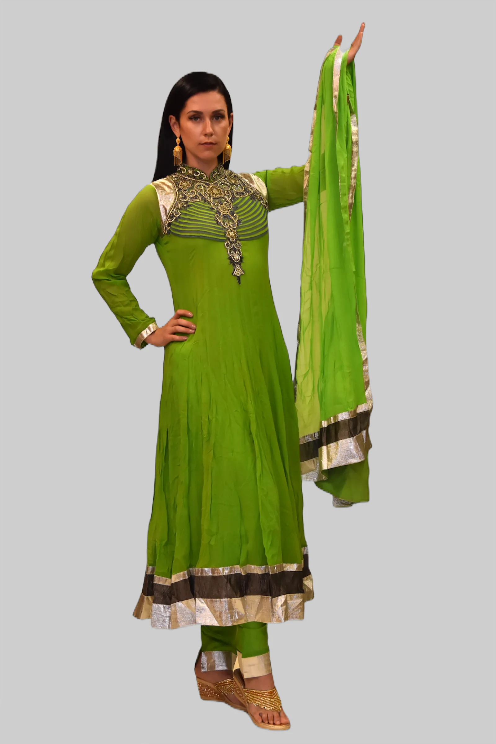 Silk Georgette Pear Green Embroidered Anarkali / Gown