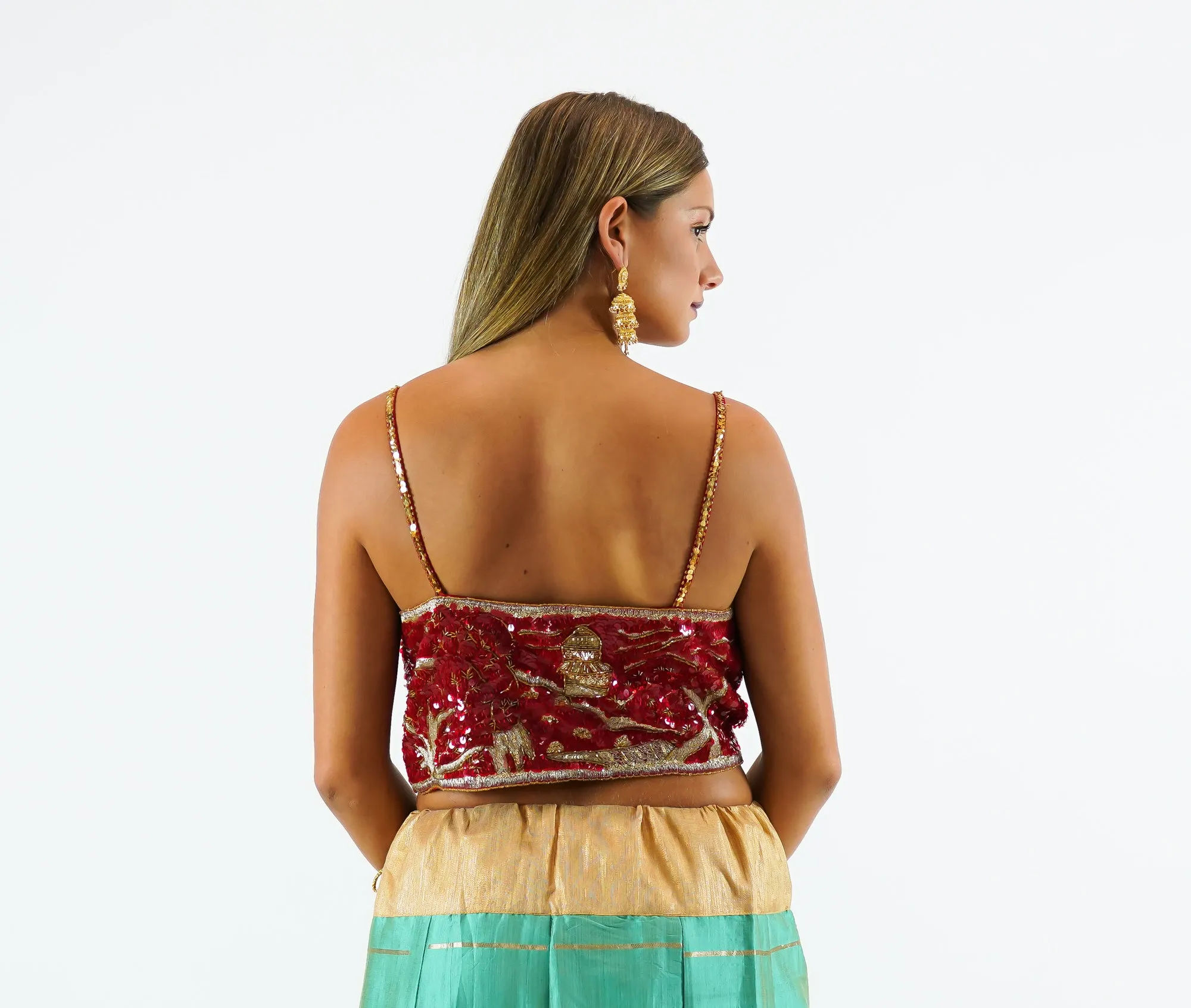 Silk Heavy Embroidered Scarlet Red Sleeveless Crop Top