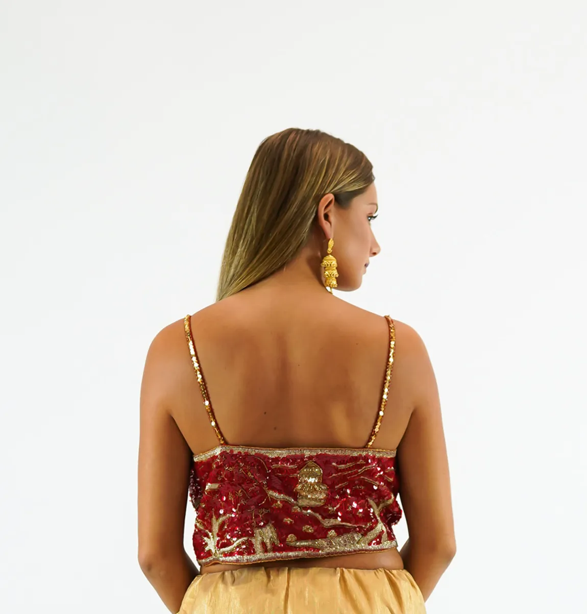 Silk Heavy Embroidered Scarlet Red Sleeveless Crop Top