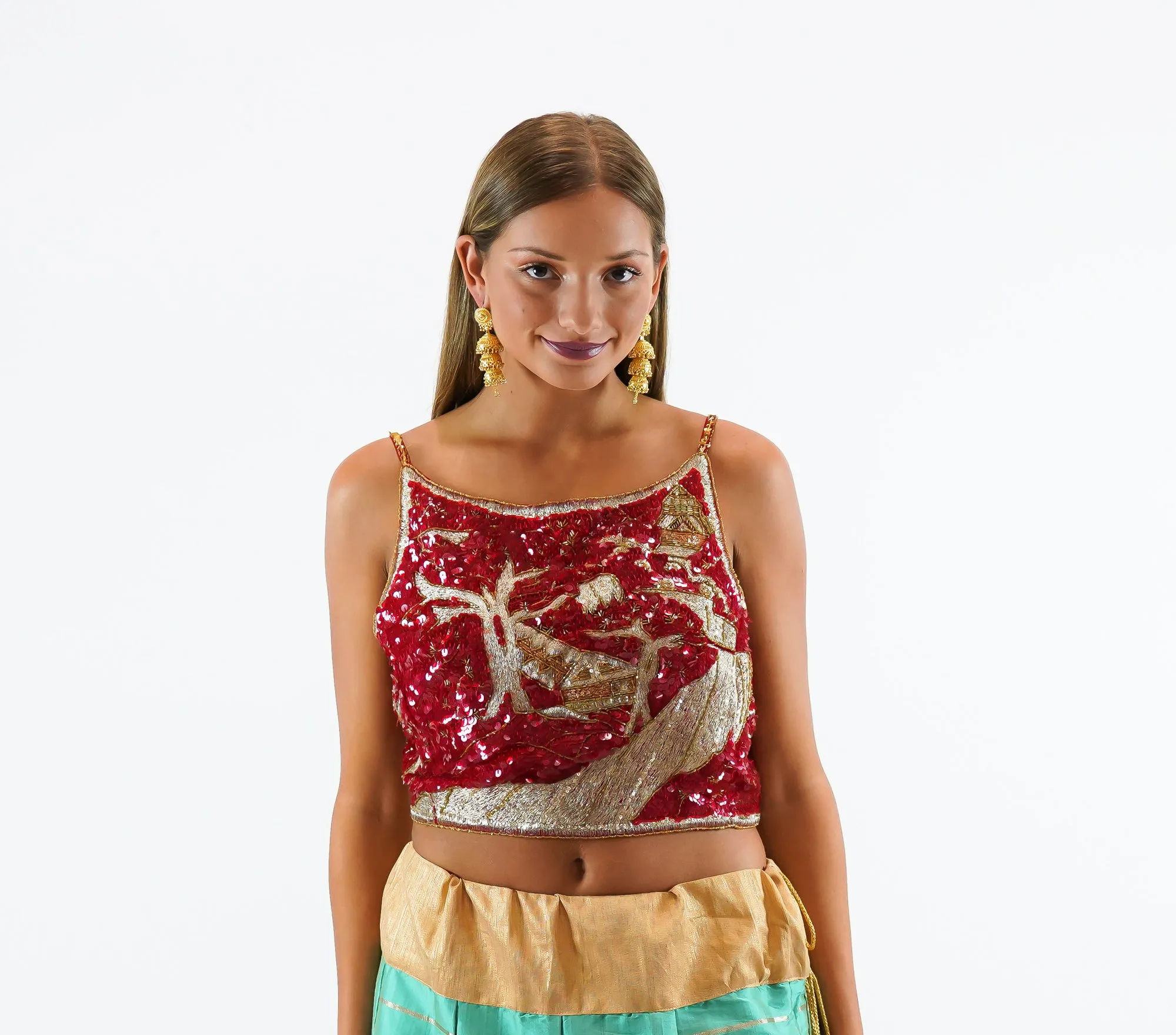 Silk Heavy Embroidered Scarlet Red Sleeveless Crop Top