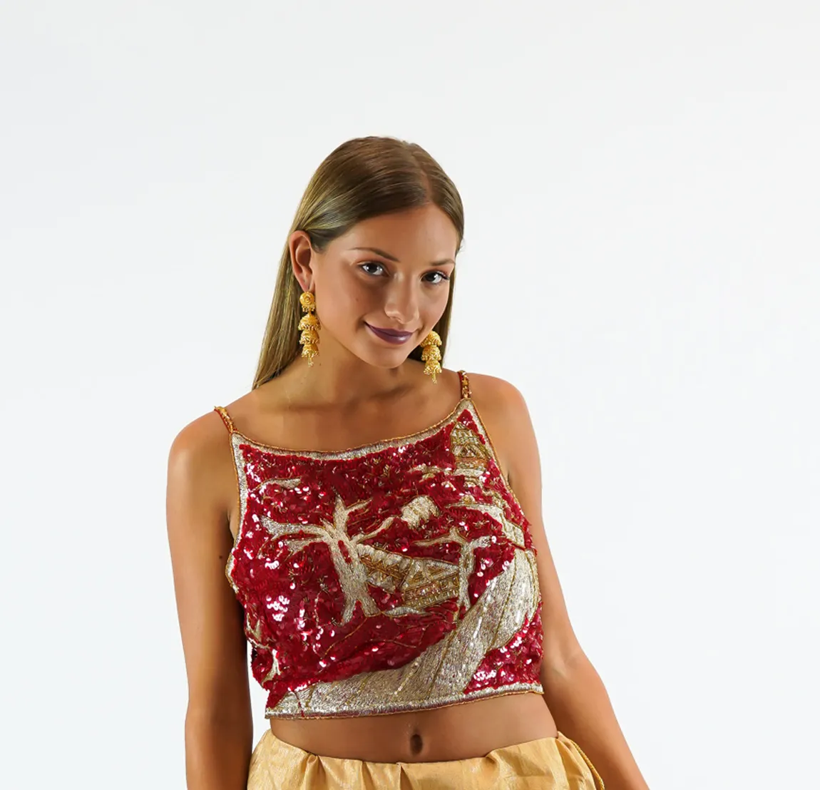 Silk Heavy Embroidered Scarlet Red Sleeveless Crop Top