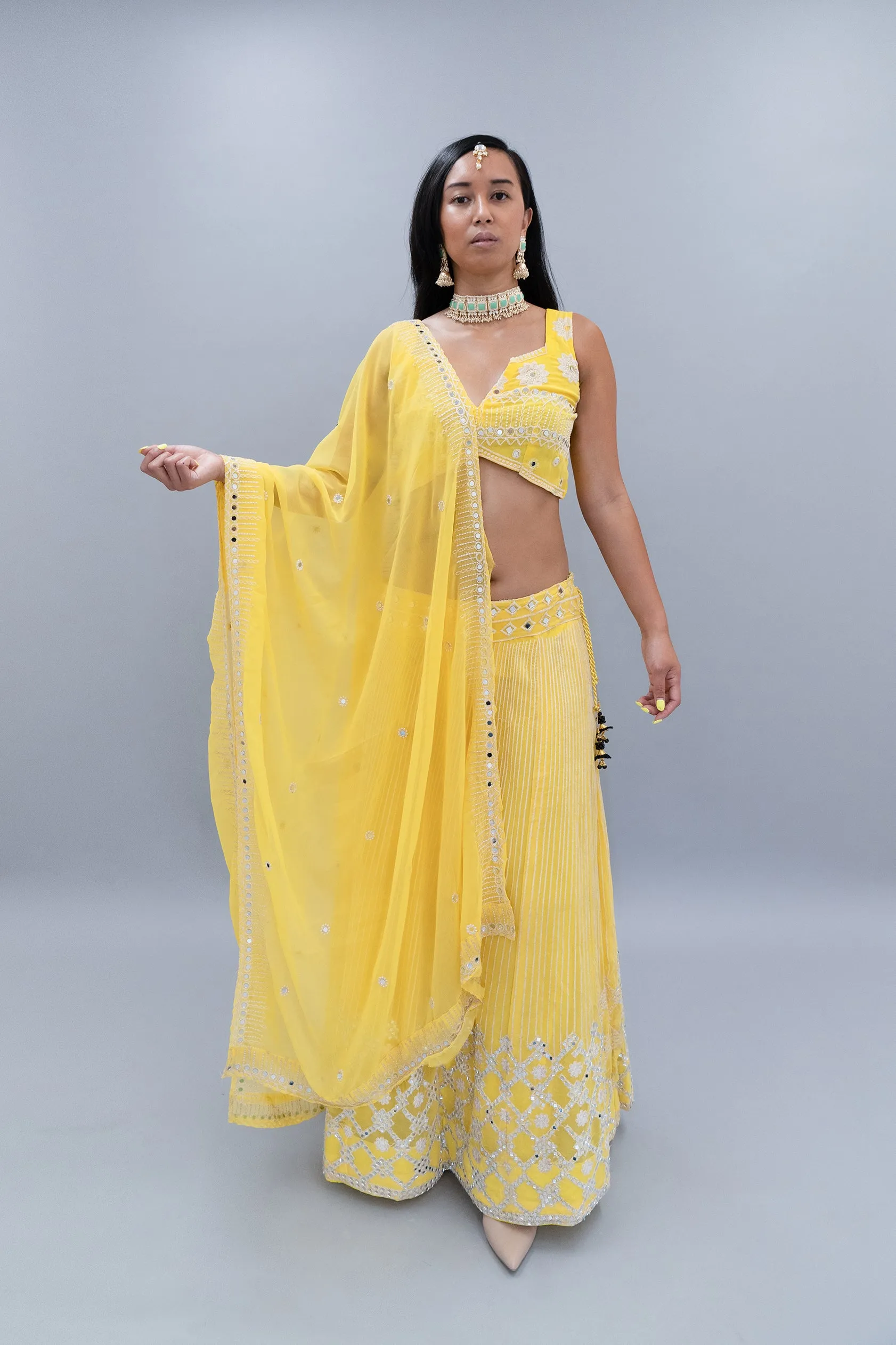 Silk Pineapple Yellow Gotta Patti Work Embroidered Lehenga Set