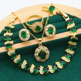 Stud Earrings   Ring   Necklace   Bracelet Elegant Jewelry Set 18k Gold Plated Inlaid Emerald Stone Wedding Jewelry Gifts For Eid